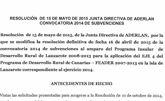 RESOLUCION  DE 15 DE MAYO 2015 JUNTA DIRECTIVA DE ADERLAN CONVOCATORIA 2014 SUBVENCIONES